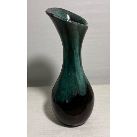 Canadian Pottery Bud Vase Slant Cut Bulb 6.5" Light Teal Black Drip Glaze MCM - Picture 2 of 8